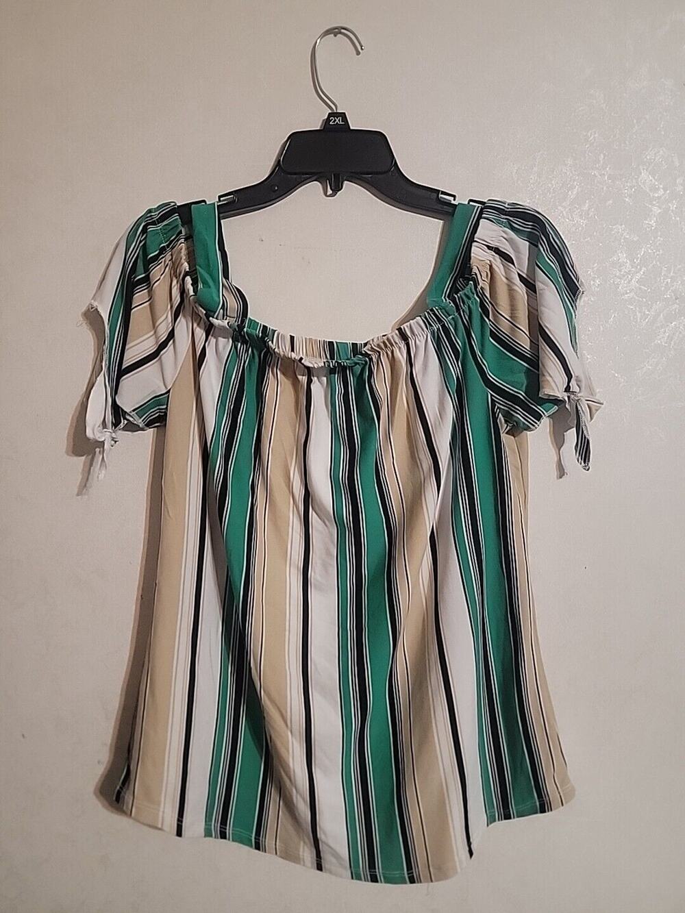 Bobbie Brooks Cold Shoulder Top Green Tan Striped sz Medium Tie Sleeve